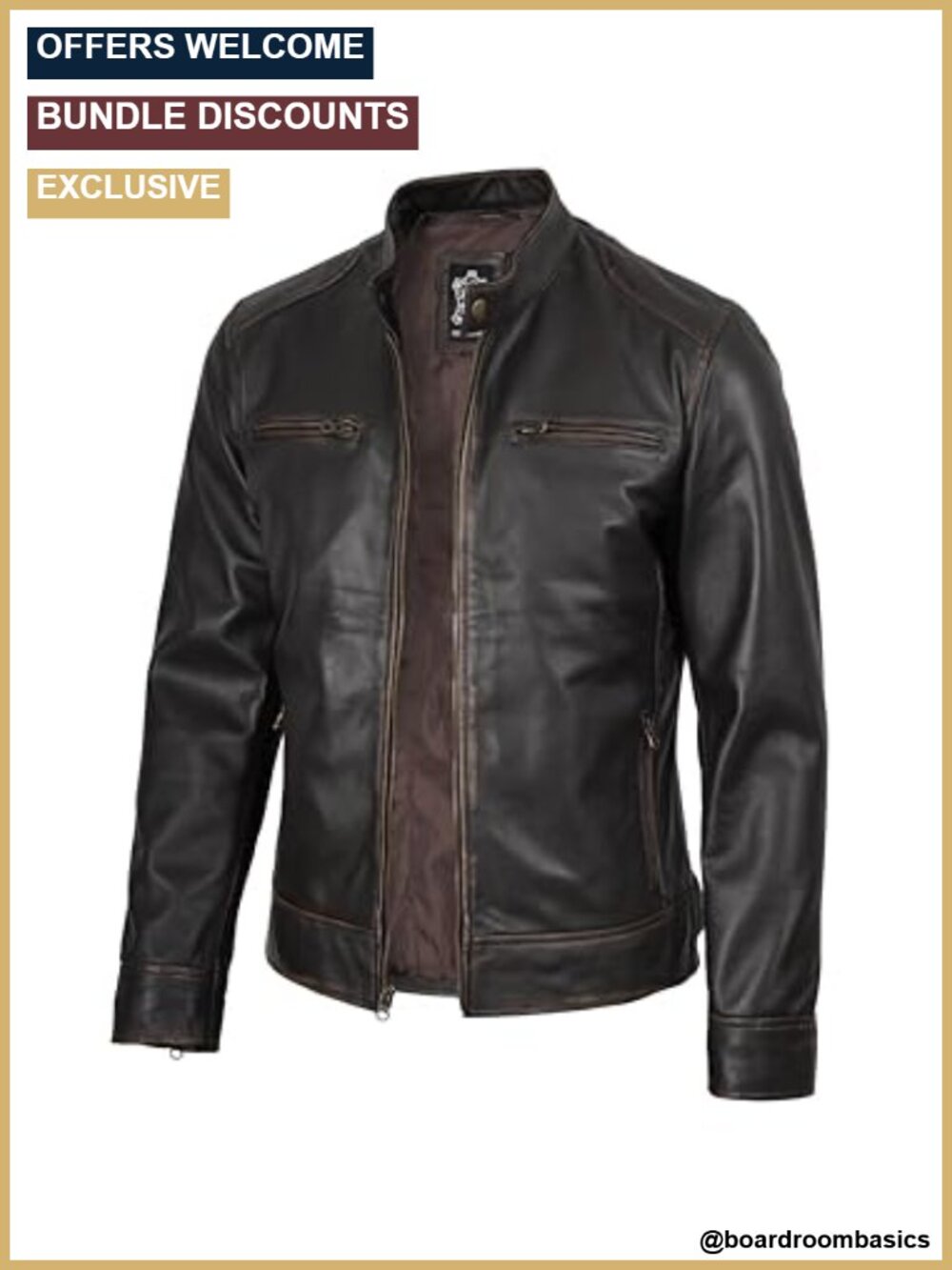 Real Lambskin Leather Cafe Racer Moto Jacket for Men Stand Collar Zip